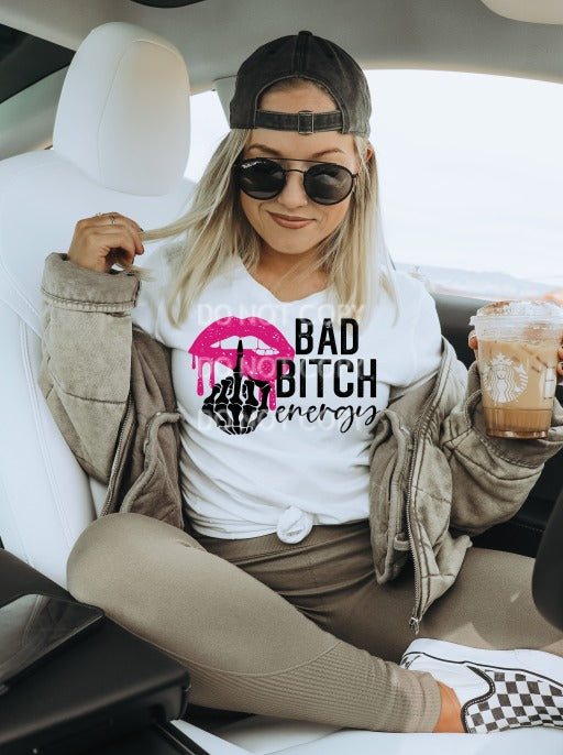 BAD BITCH ENERGY TEE, SKELETON MIDDLE FINGER, PINK LIPS