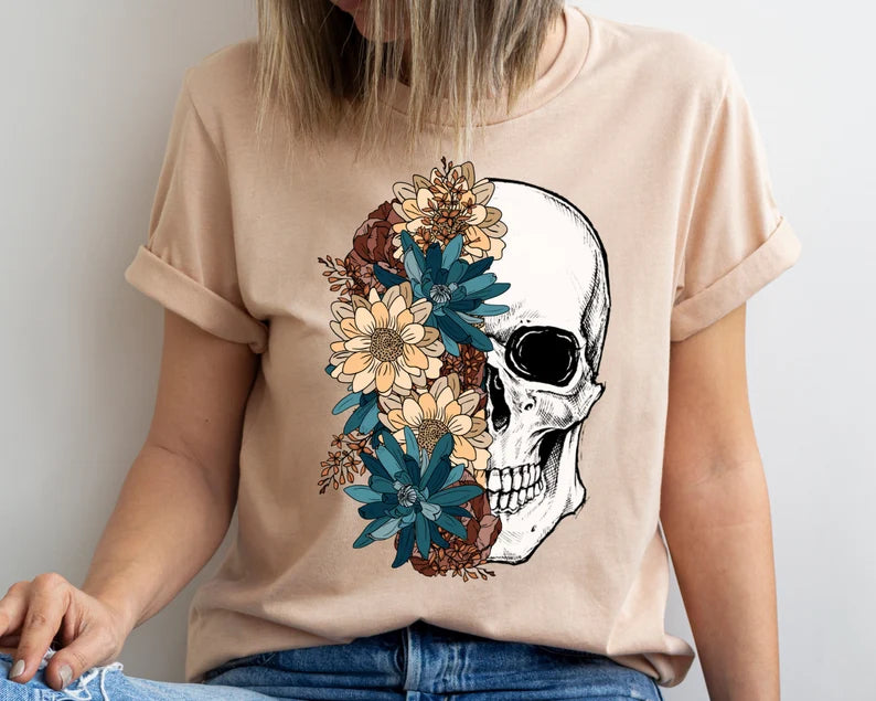 FLORAL SKULL, MULTICOLOR FLOWERS, HALF FACE SKELETON