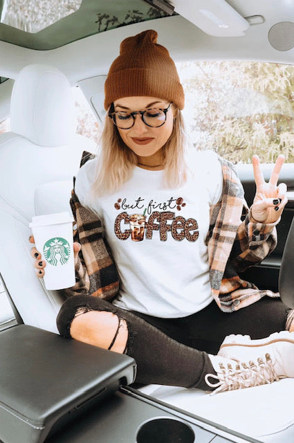 BUT FIRST... COFFEE TEE, CHEETAH PRINT