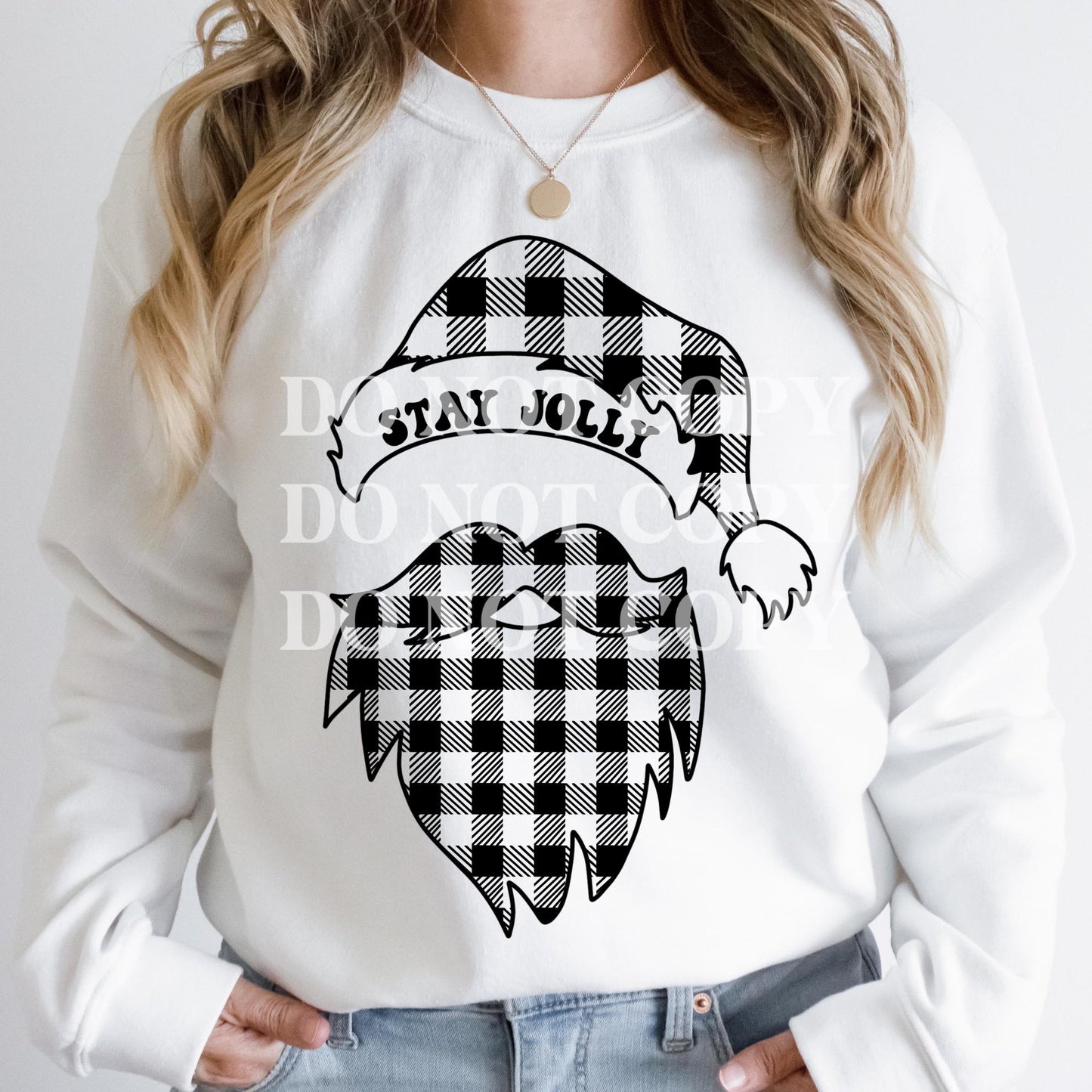 STAY JOLLY TEE, BLACK AND WHITE CHECKERED SANTA