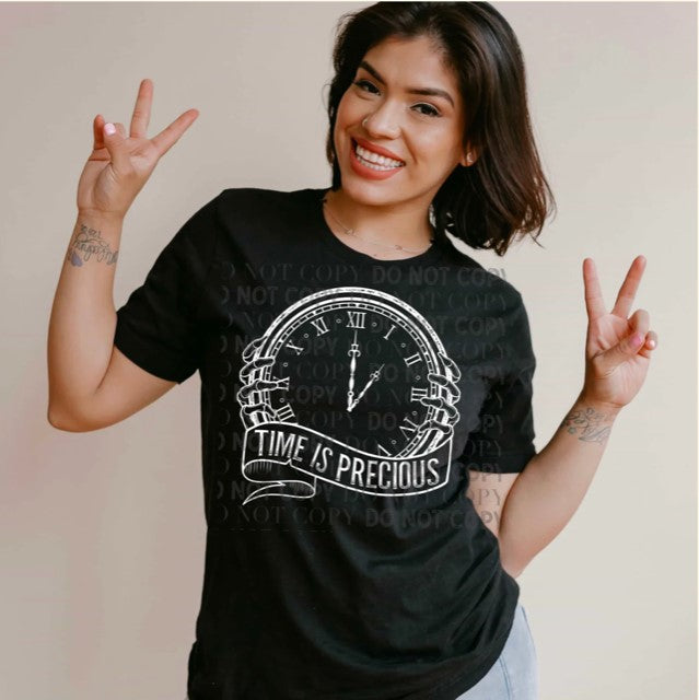 TIME IS PRECIOUS, CLOCK, SKELETON FINGERS TEE